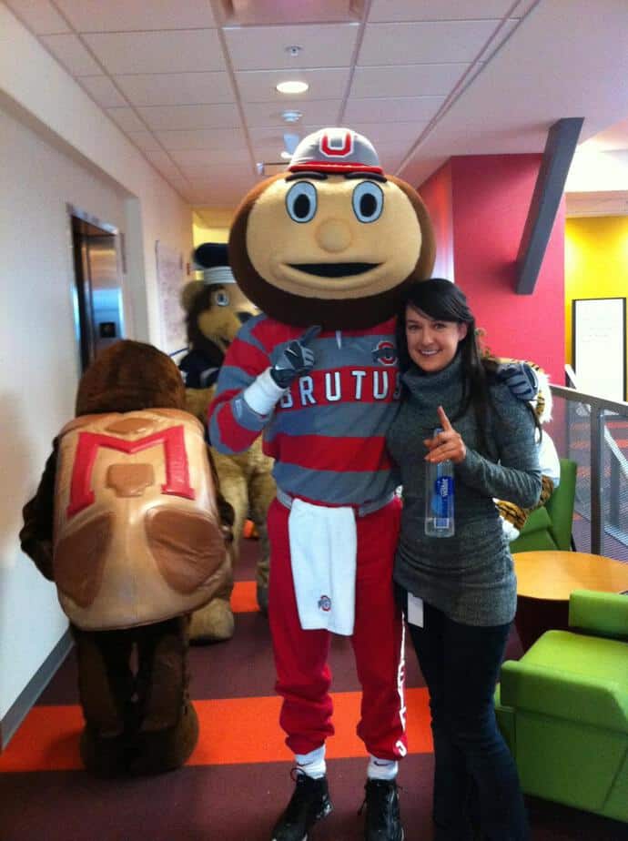 the author with Brutus the Buckeye, a sports mascot