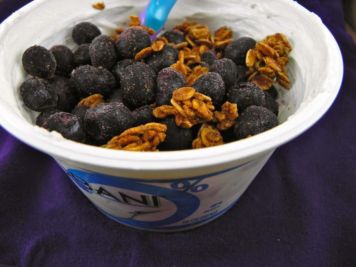 yogurt topped with blueberries and granola 