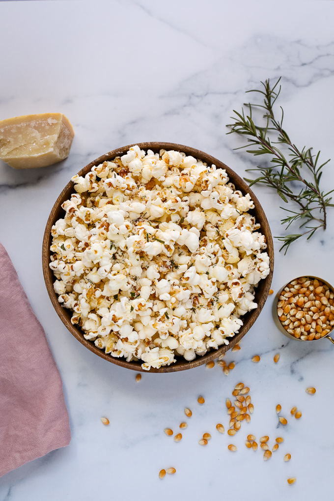 rosemary parmesan popcorn in a bowl