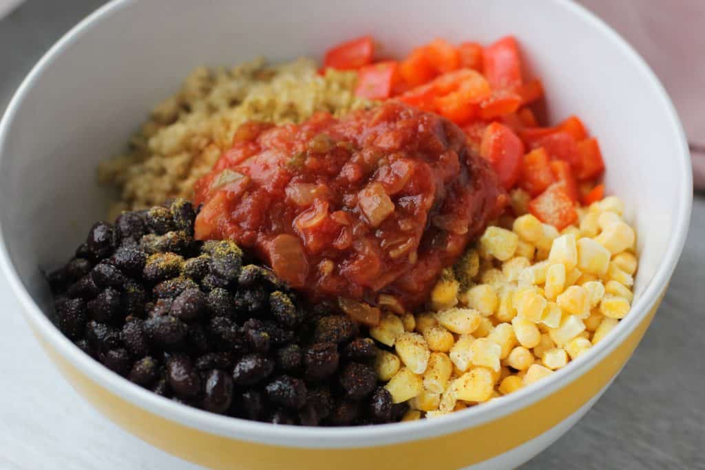 Quinoa bake ingredients in a bowl