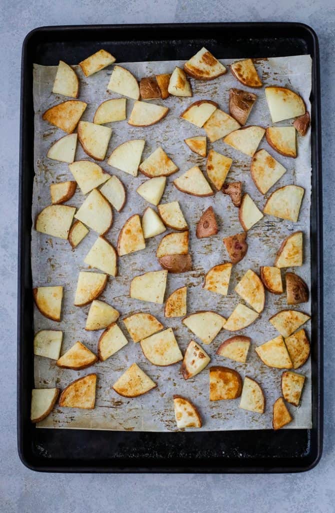 roasted potatoes on a baking sheet