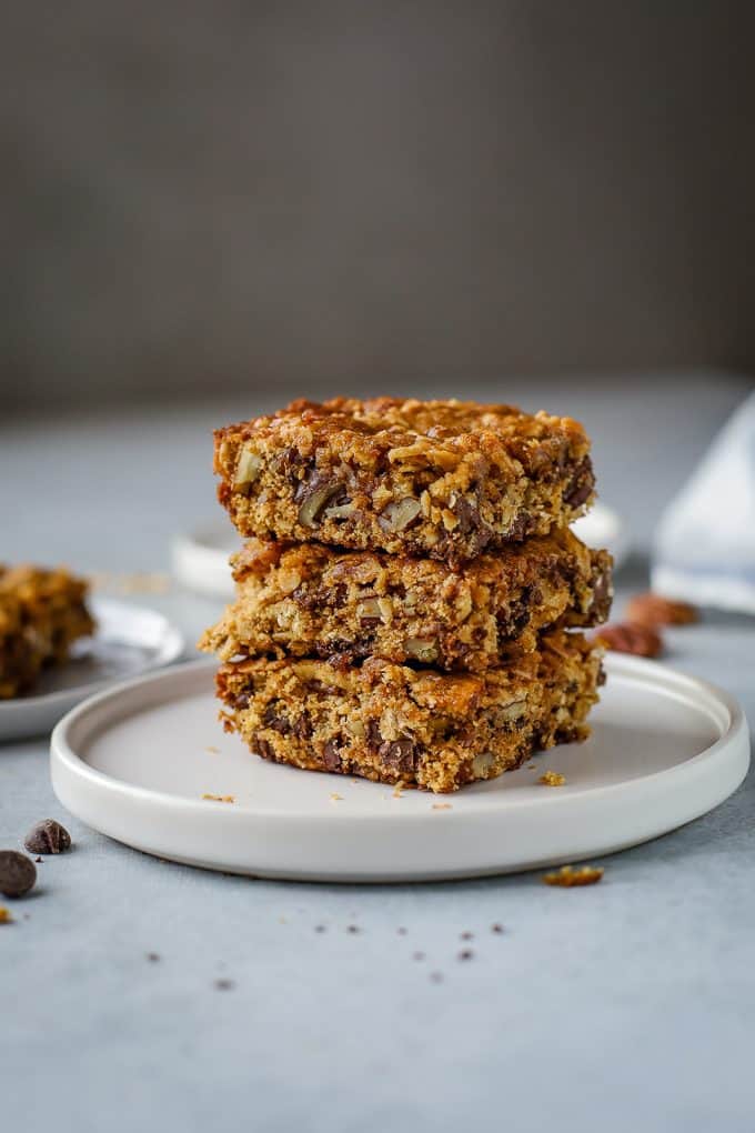 chocolate chip pecan bars stacked