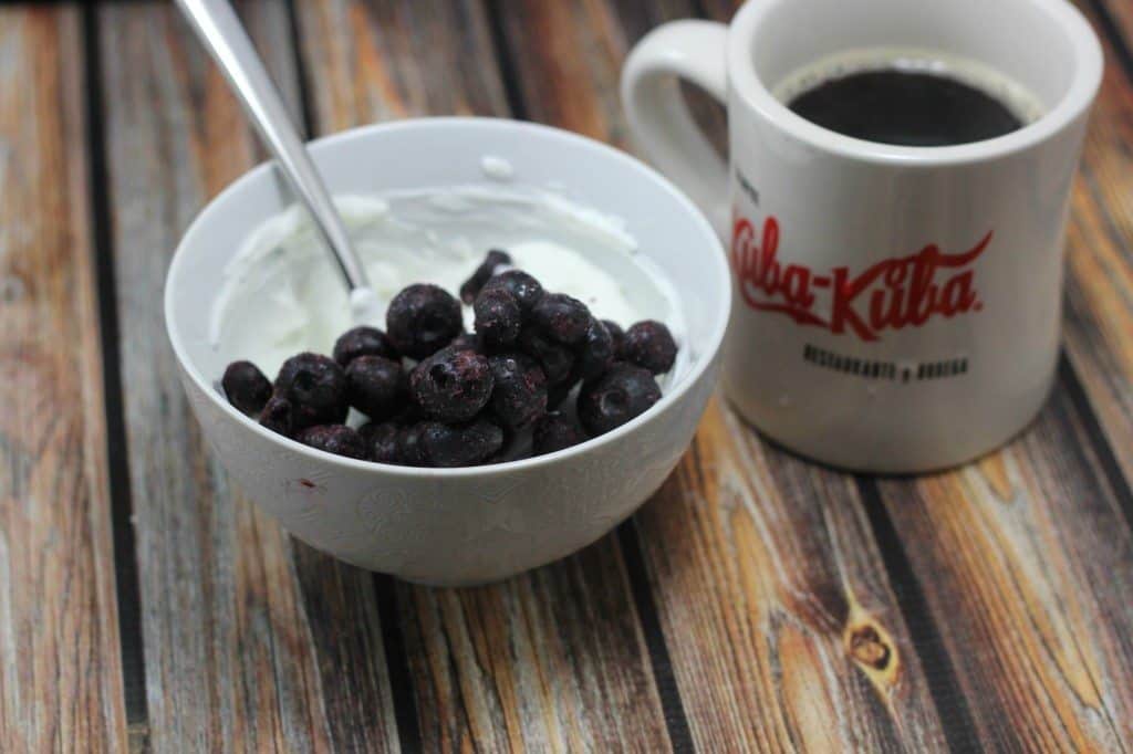 Tone It Up M1 yogurt and berries with coffee
