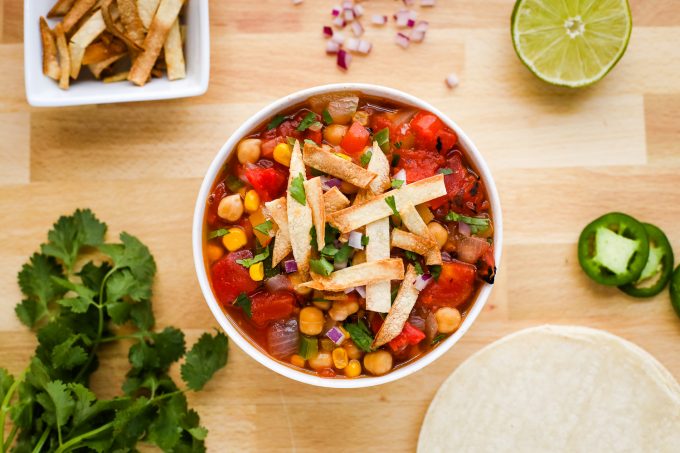 chickpea tortilla soup in a bowl