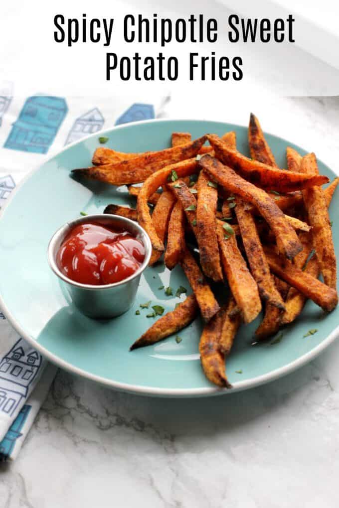 These spicy sweet potato fries are baked in the oven until they're crispy and delicious! With just a little bit of oil, these spicy sweet potato fries are a healthy side dish!