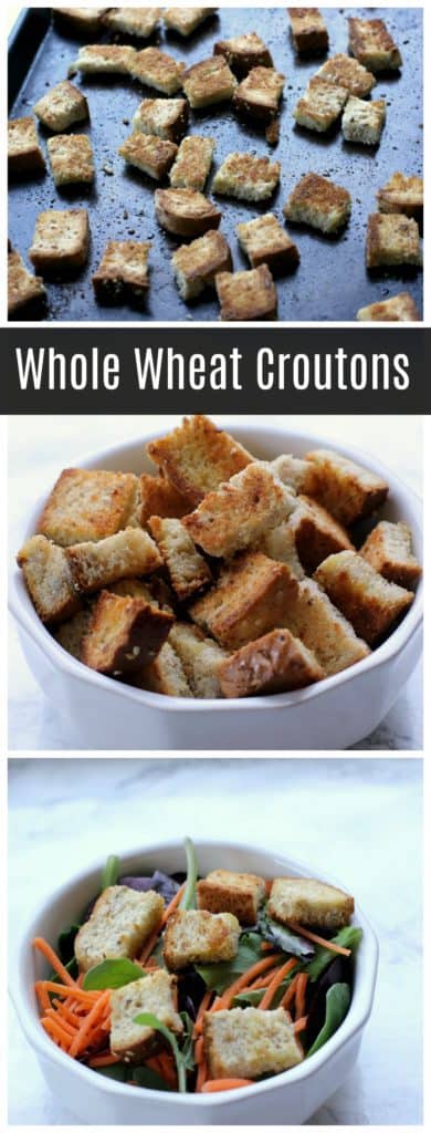 These homemade whole wheat croutons are easy to make and they're perfect on top of your favorite soup or salad! Add a nice salty crunch to your next bowl of veggies!