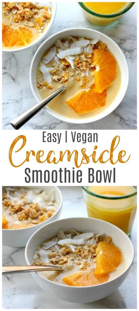 This dreamy orange creamsicle smoothie bowl is deliciously refreshing. It's vegan, gluten free, and perfect for a healthy breakfast!