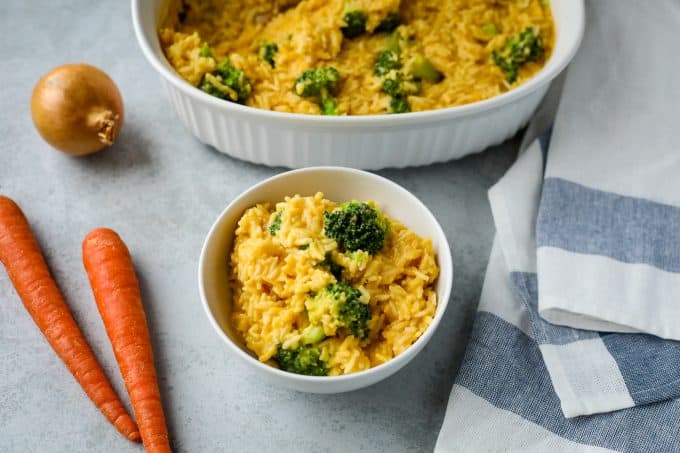 vegan cheesy broccoli and rice in a bowl