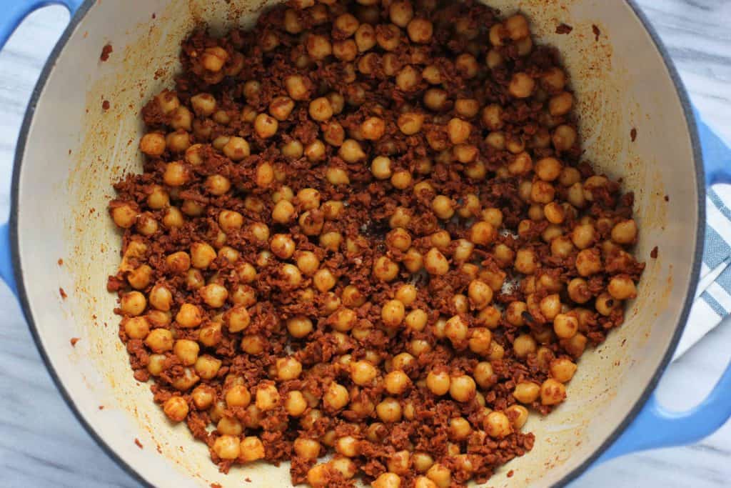 chorizo and chickpeas in a pot