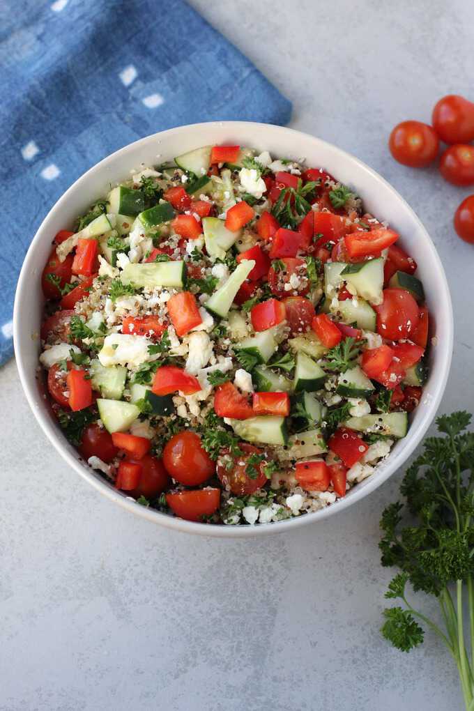 A bowl of Greek Quinoa Salad