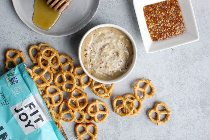 A tray of pretzels and dip