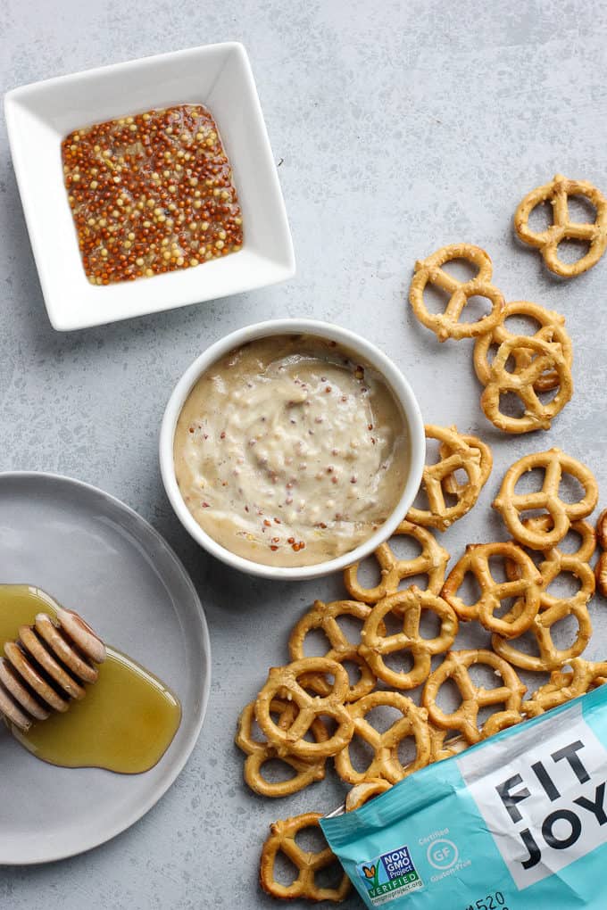 A tray of pretzels and dip