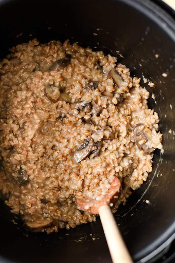 mushroom risotto in a pan