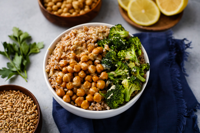 farro grain bowl with broccoli