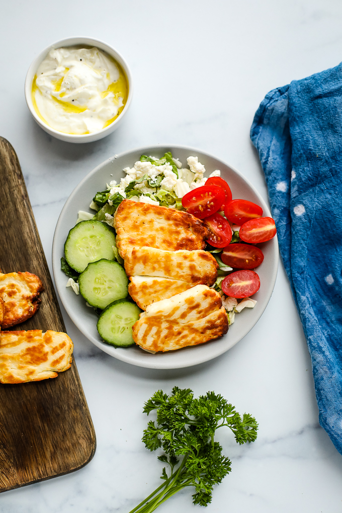 air fried halloumi on a salad