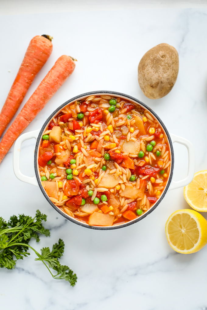 orzo soup in a pot with vegetables