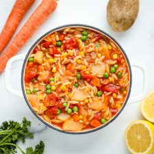 A pot of Orzo vegetable Soup