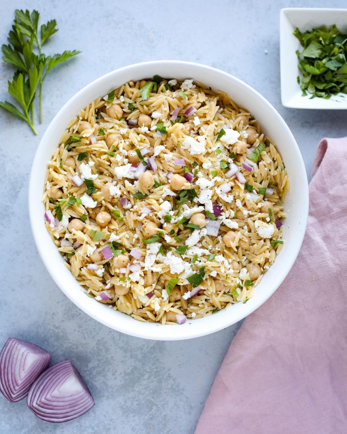 orzo pasta salad in a bowl