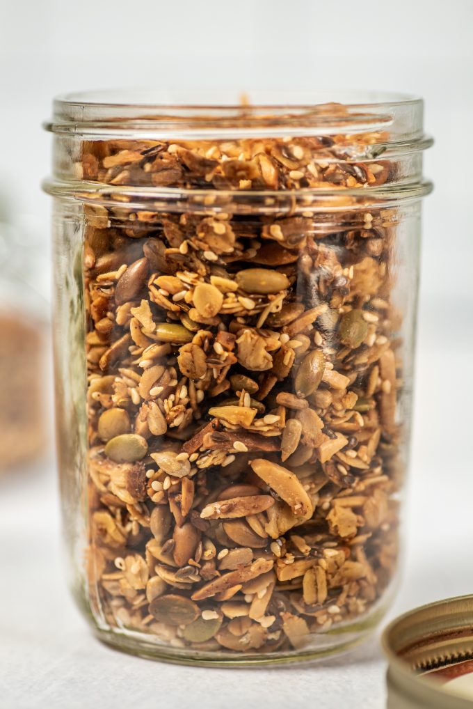 A jar filled with Savory granola
