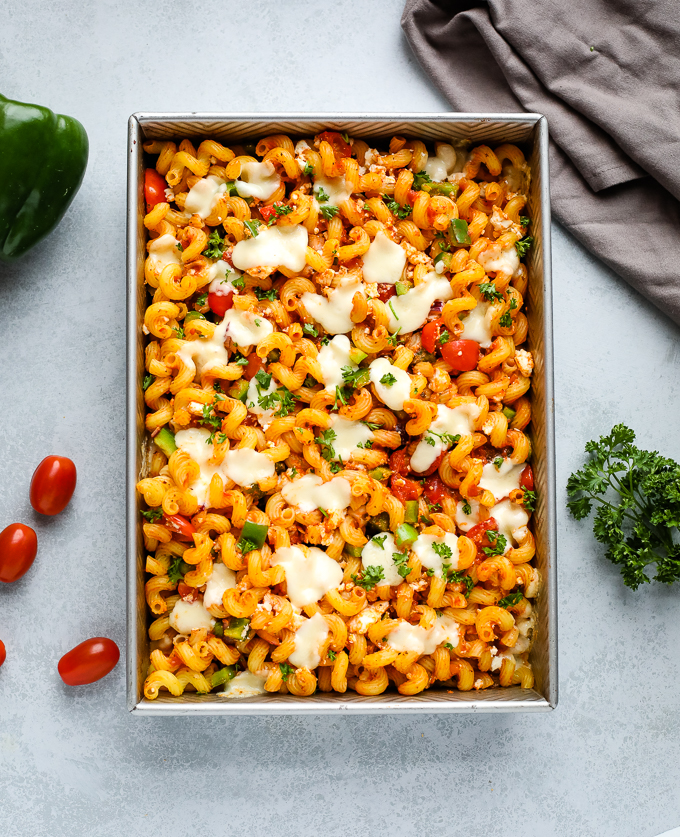 Greek pasta bake in a pan