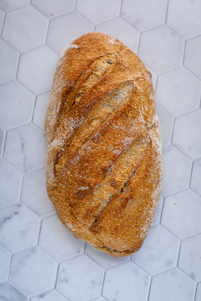 A close up of a loaf of bread on a tile background