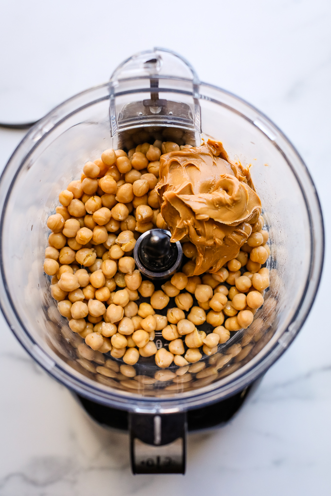 chickpeas and peanut butter in a food processor