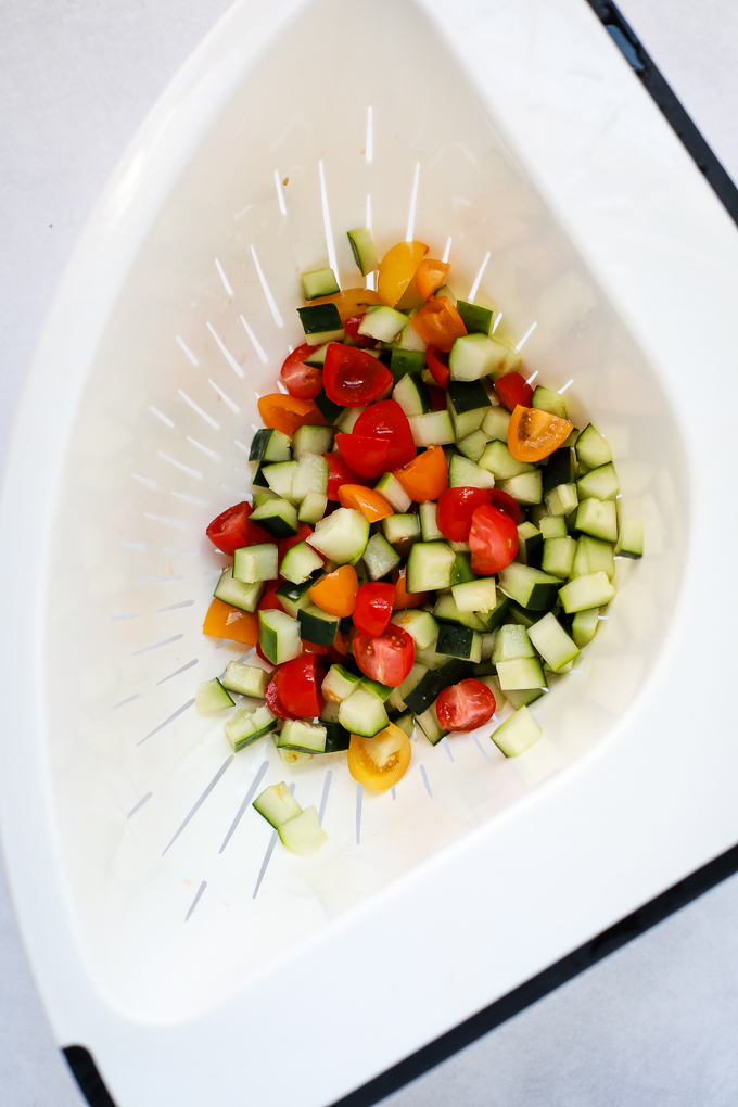chopped vegetables in a collander