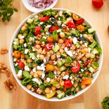 chopped salad on a wooden table