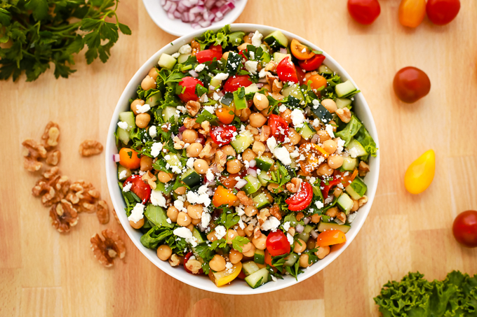 chopped salad on a wooden table