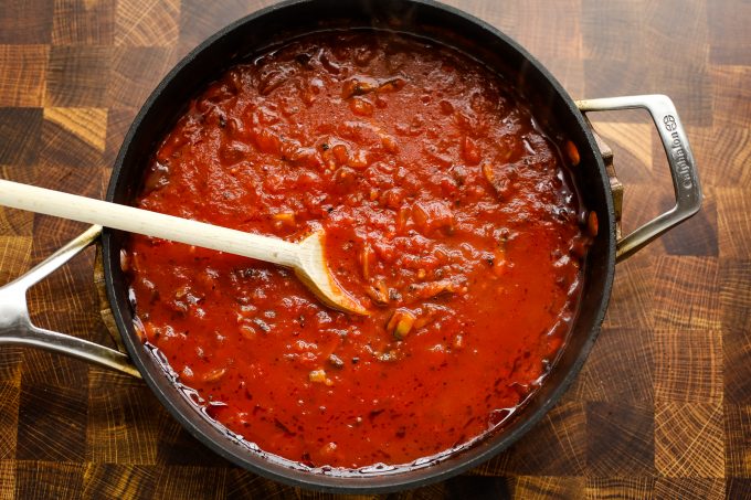 spaghetti sauce in a skillet