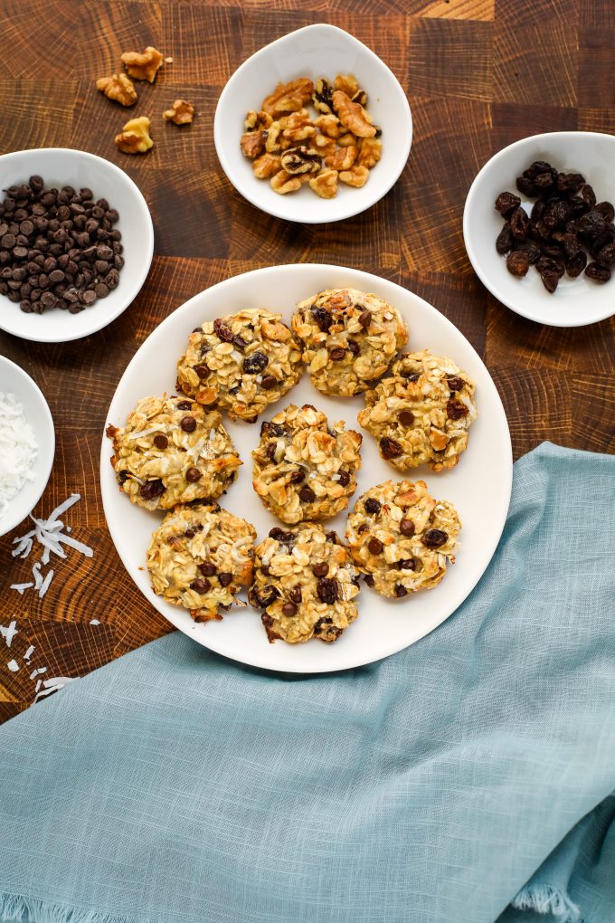 baked trail mix cookies on a plate