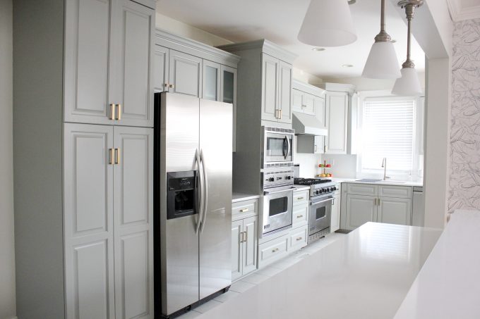 grey kitchen cabinets and appliances