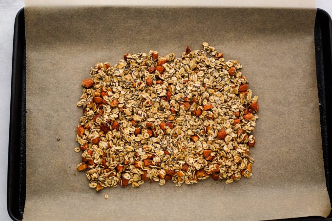 oatmeal cookie granola on a baking pan