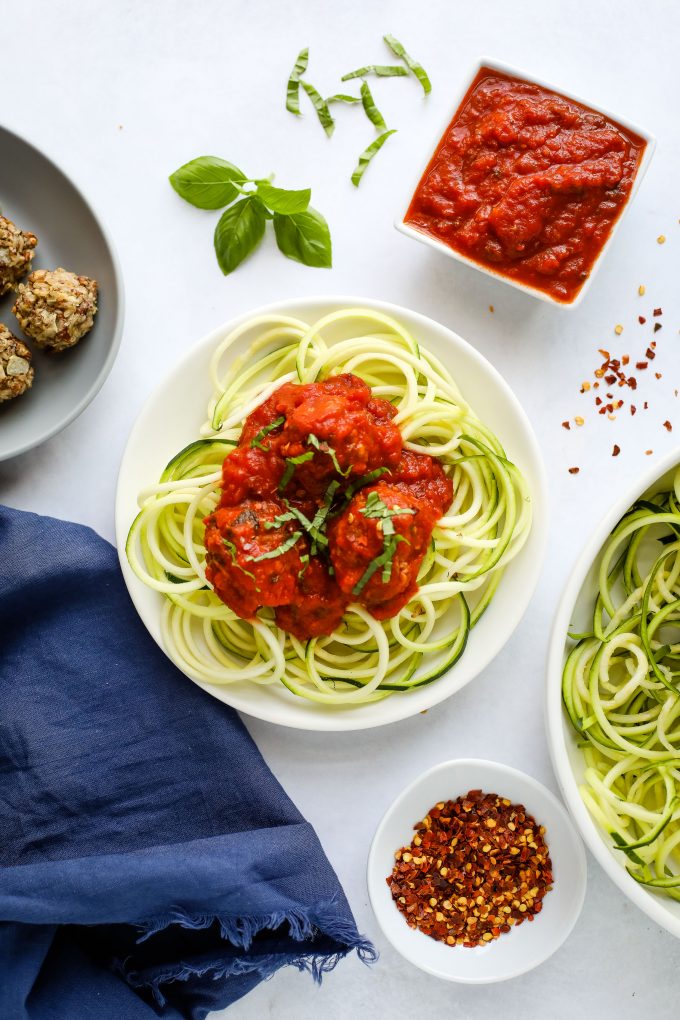 nutmeat balls on zucchini noodles