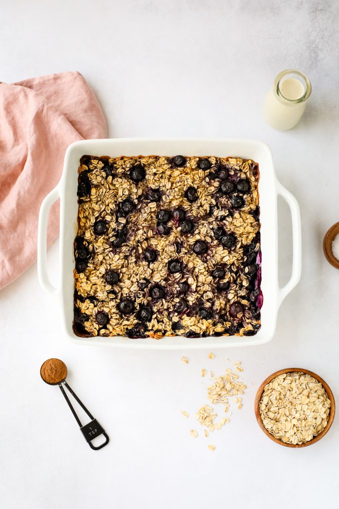 Blueberry baked oatmeal in a pan