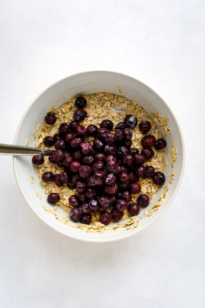 A bowl Blueberry and Baked oatmeal batter
