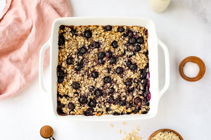 A pan of Blueberry and Baked oatmeal