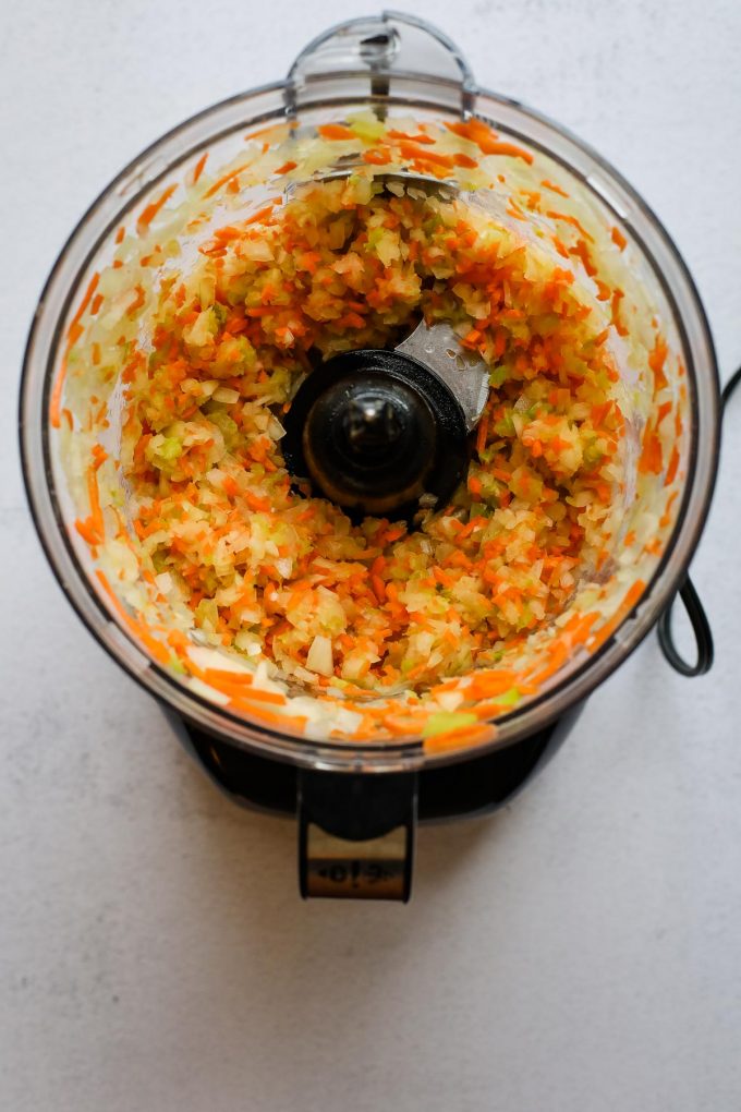 chopped vegetables in a food processor