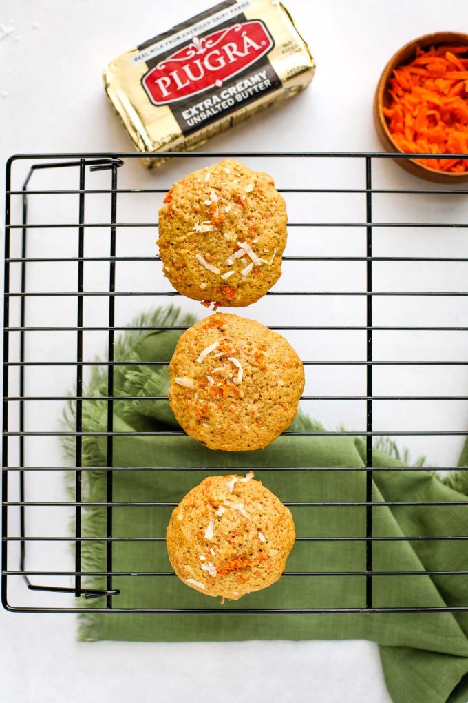 Carrot cake cookies on a baking rack