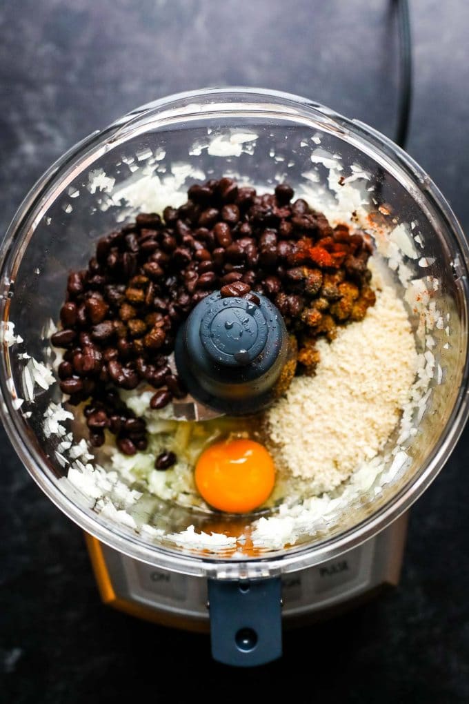 black bean fritter ingredients in a food processor