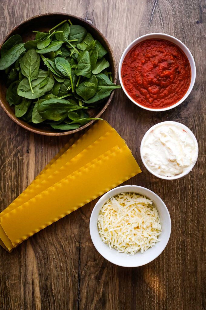 lasagna roll up ingredients on a cutting board
