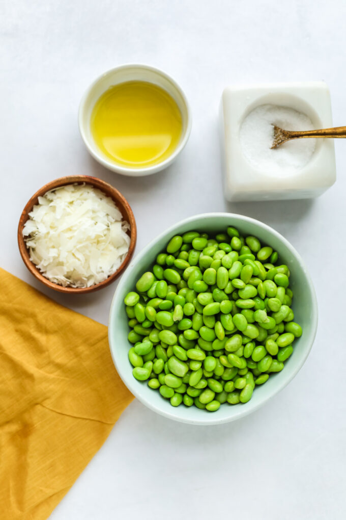 edamame in a bowl with parmesan cheese