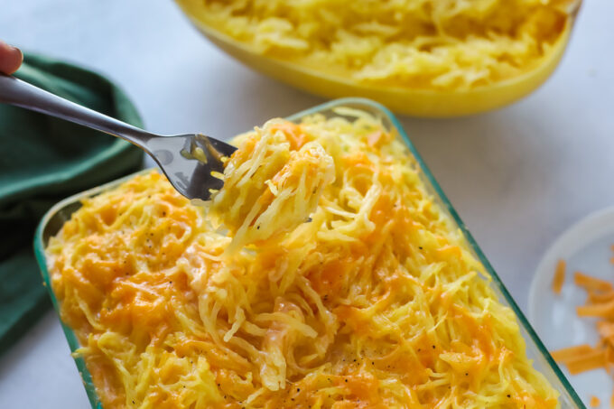 spaghetti squash macaroni and cheese on a fork
