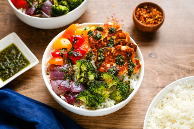 halloumi rice bowl with cilantro sauce