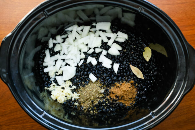 black bean ingredients in slow cooker