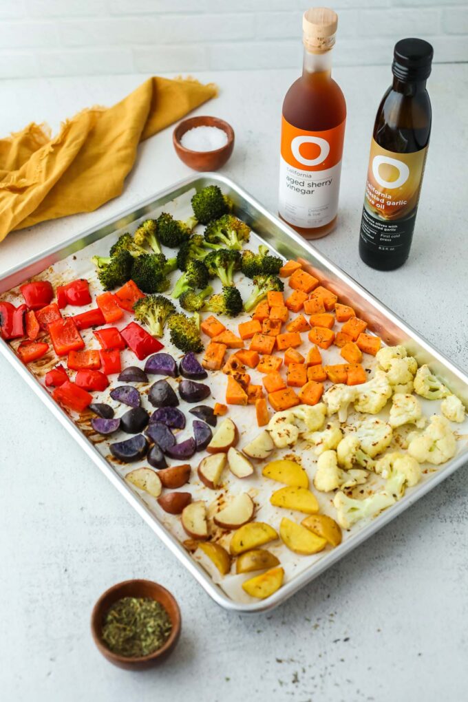 olive oil and vinegar with roasted vegetables