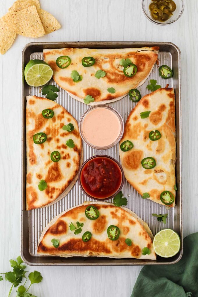 Crispy Sheet Pan Quesadillas with Avocado Cilantro Sauce - Fed & Fit