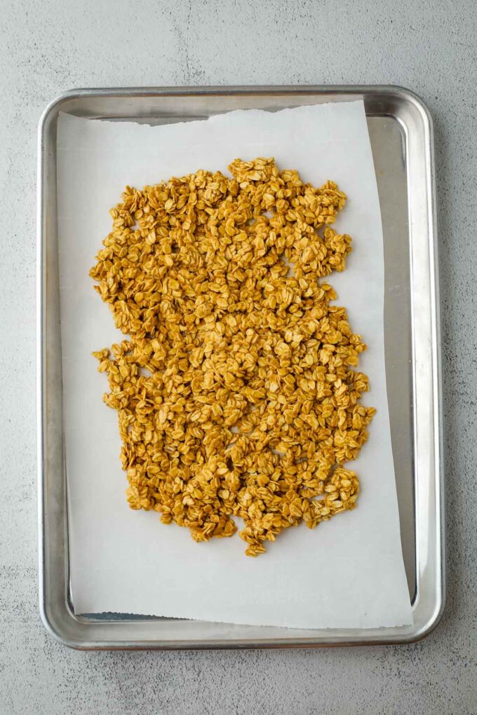 peanut butter granola on a baking sheet