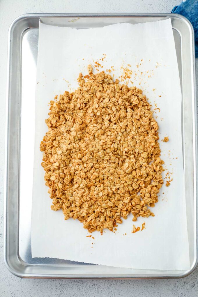 peanut butter granola on a baking sheet