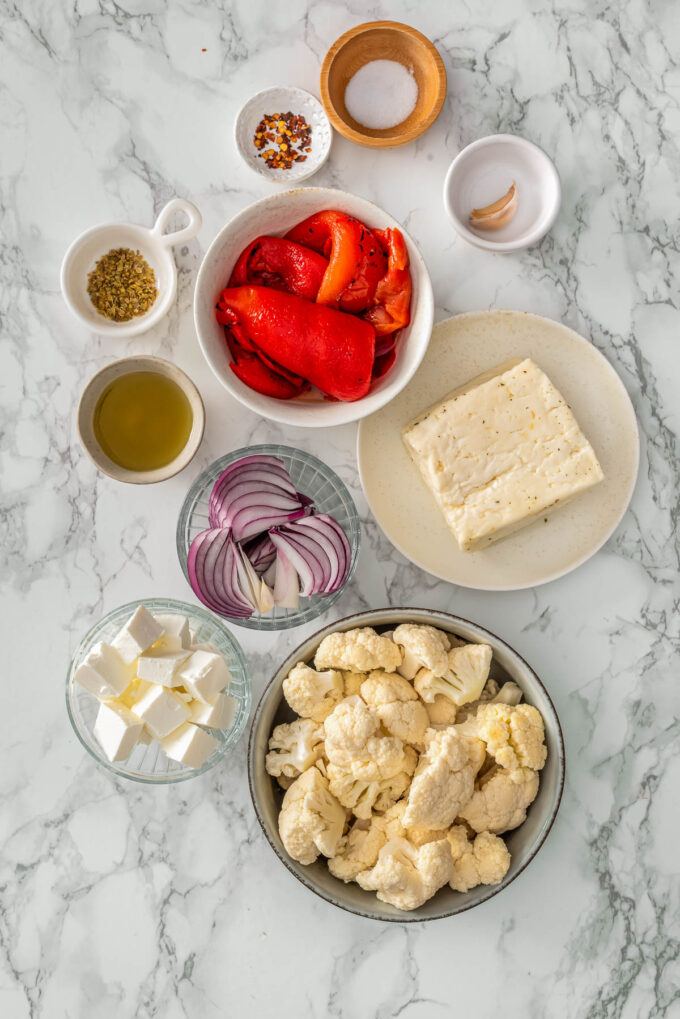 Sheet Pan Cauliflower and Halloumi ingredients